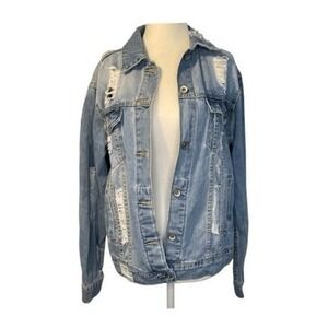 Cherry Koko Destroyed Denim Trucker Jean Jacket Distressed Blue Medium Wash M